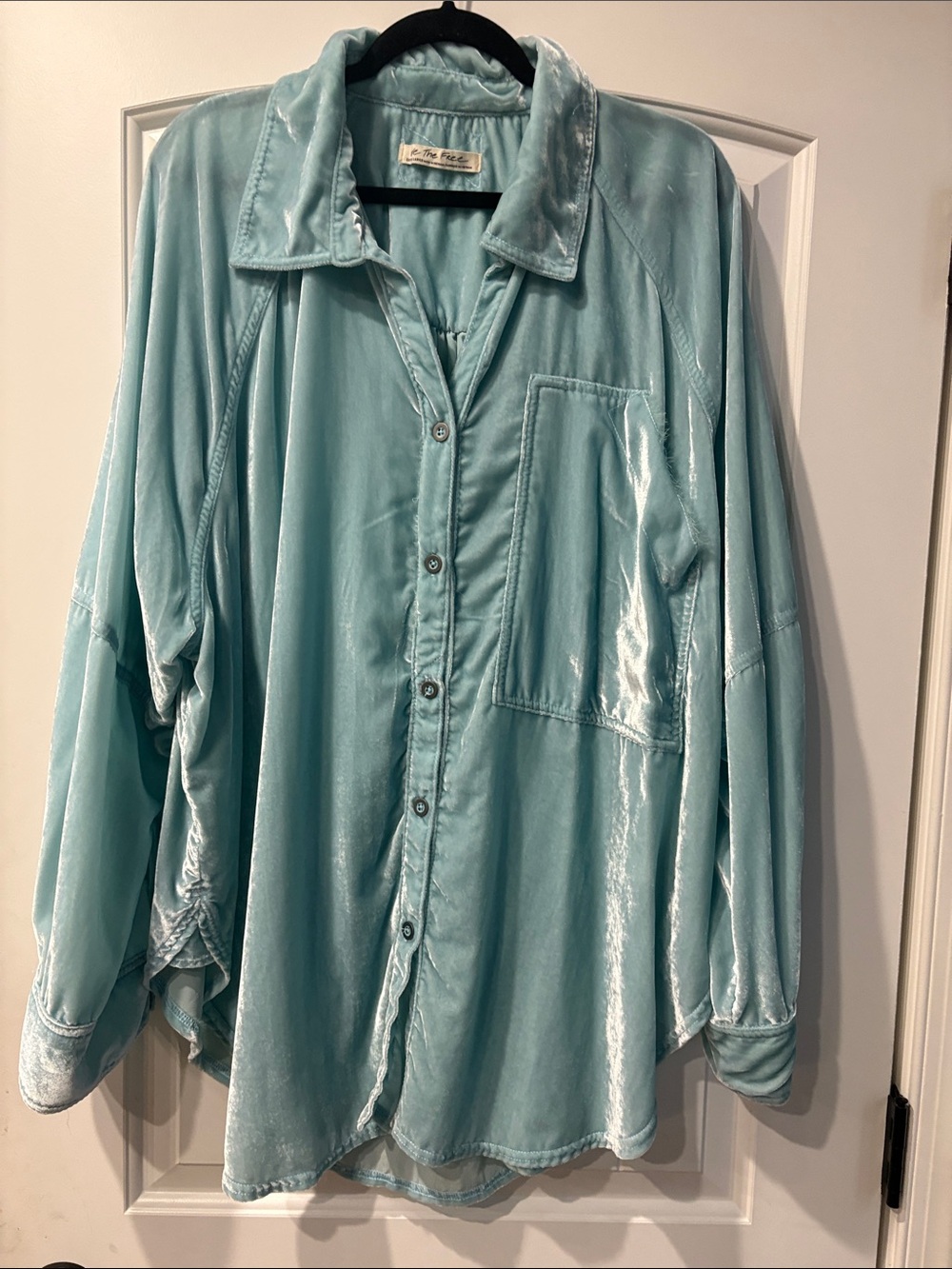 We The Free Light Aqua Velvet Button-Down Shirt